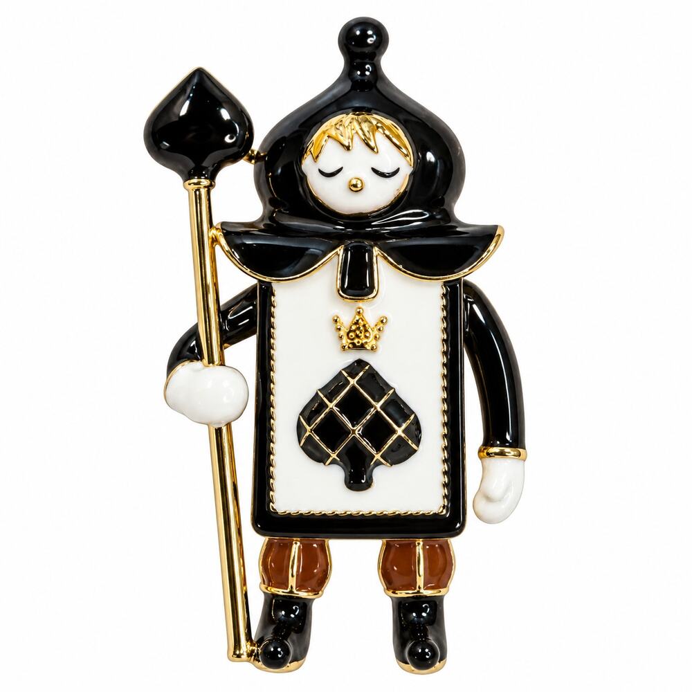 Black White Royal Guard Brooch Pin Gold Tone Spade Playing Card 2.5" CP162